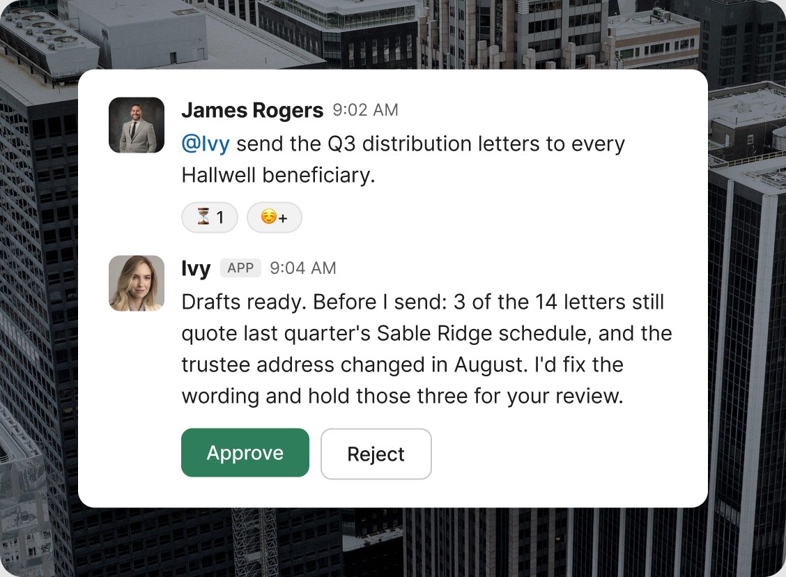 A Slack thread where Ivy asks for approval before sending