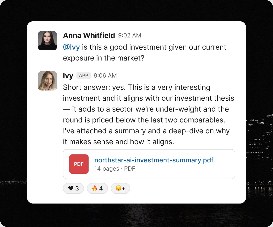 A Slack thread where Ivy answers an investment question and attaches a summary
